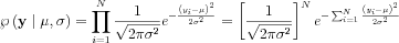 $ \wp \left ( \mathbf{y}\mid\mu ,\sigma  \right) =\prod_{i=1}^{N}\frac{1}{\sqrt{2\pi \sigma ^{2}}} e^{-\frac{\left ( y_{i}-\mu \right )^{2}}{2\sigma^{2}}}=\left [\frac{1}{\sqrt{2\pi \sigma ^{2}}}  \right ]^{N} e^{-\sum_{i=1}^{N}\frac{\left ( y_{i}-\mu \right )^{2}}{2\sigma^{2}}}