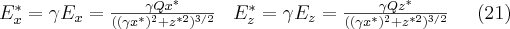 E_{x}^{*}=\gamma E_x=\frac{\gamma Qx^{*}}{((\gamma x^{*})^{2}+z^{*2})^{3/2}} \;\;\;  E_{z}^{*}=\gamma E_z=\frac{\gamma Qz^{*}}{((\gamma x^{*})^{2}+z^{*2})^{3/2}} \;\;\;\;\; (21)