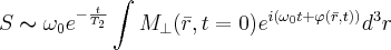 $S\thicksim\omega_{0}e^{-\frac{t}{T_{2}}}\int M_{\bot}(\bar{r},t=0)e^{i(\omega_{0}t+\varphi(\bar{r},t))}d^{3}r$