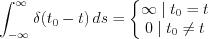 $ \int_{-\infty }^{\infty }\left \delta (t_{0}- t \right ) ds =\left\{\begin{matrix}
\infty  \mid t_{0}=t\\ 
0 \mid t_{0}\neq t
\end{matrix}\right.